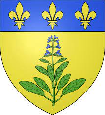 logo blason de la ville de sauveterre de rouergue en occitanie, fond jaune, trois fleurs de lys