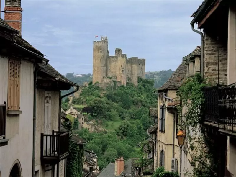le château de najac situé dans l'aveyron, région occitanie ; on voit les maisons de la rue principale de najac qui descend vers le fond du vallon, puis remonte vers le château au fond.